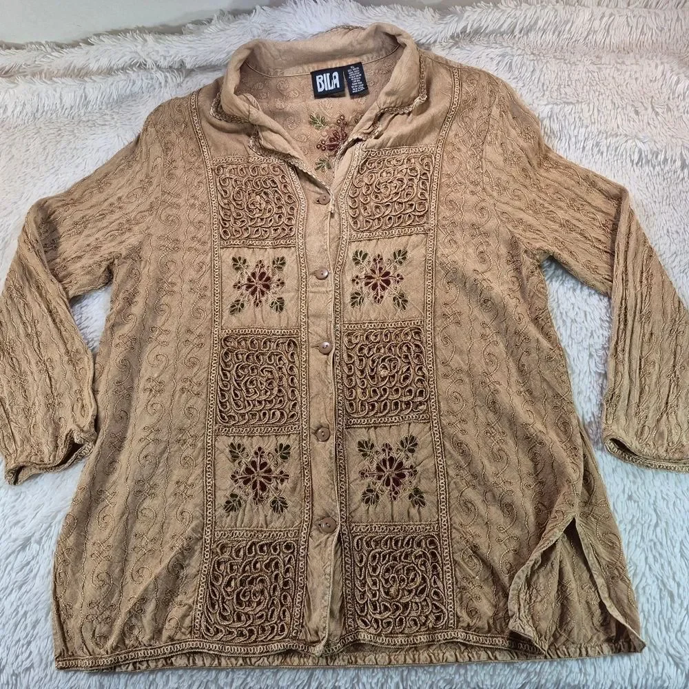 NWOT BILA Crinkle Gauze Embroidered Top & Pants Set Womans XL Boho Hippie Chic